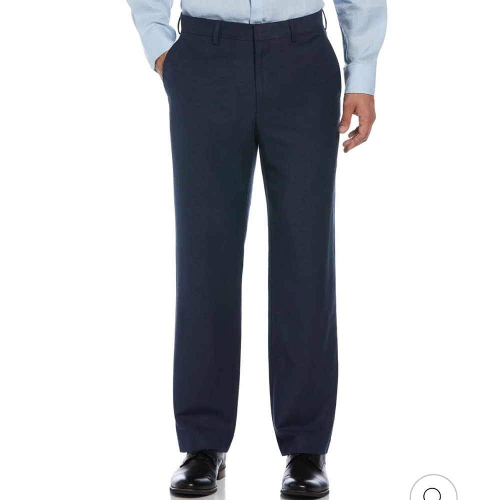 NWT CUBAVERA Men Linen Blend Flat Front Dress Pant Blue/Navy